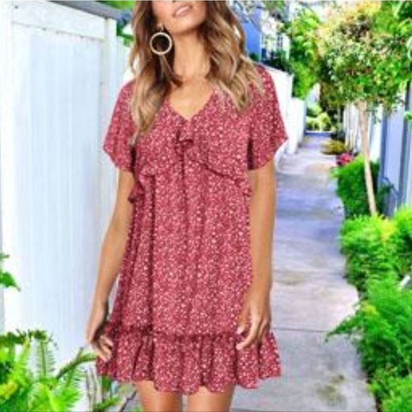 NWT FOWSMON Womens Ruffle Flowy Swing Dress Short Sleeve V Neck Loose Fit - Picture 6 of 7